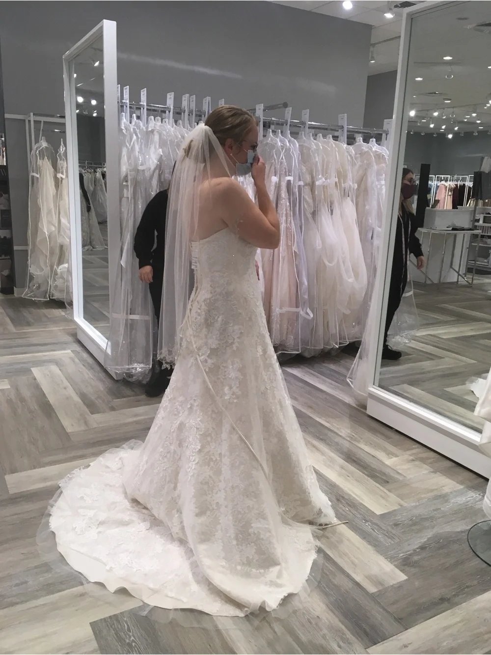 David's Bridal Strapless Lace Appliqué A-Line Wedding Dress in Ivory - Picture 3 of 4
